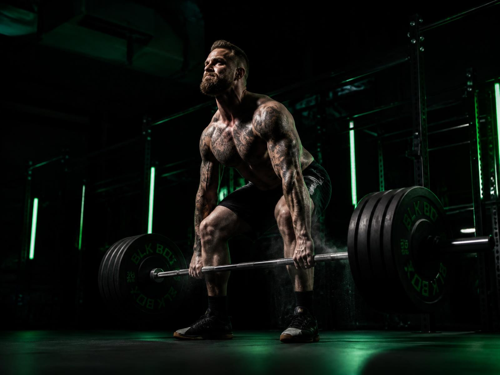 Athlete training with a barbell in a dark gym